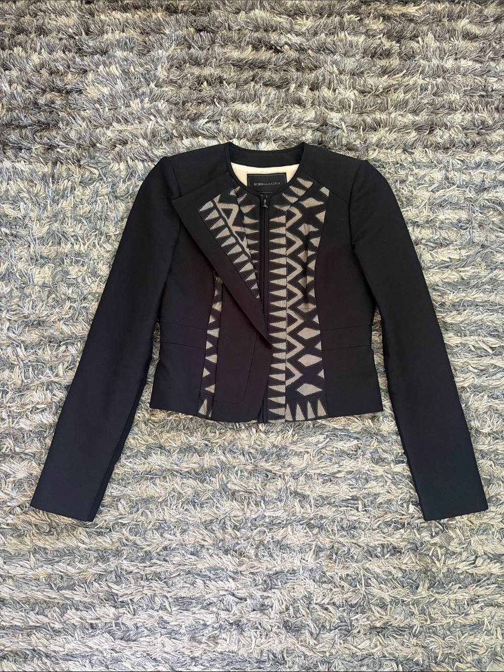 BCBGMaxAzria Black Floyd Silk Cotton Jacket with Beige Geometric Panels XXS